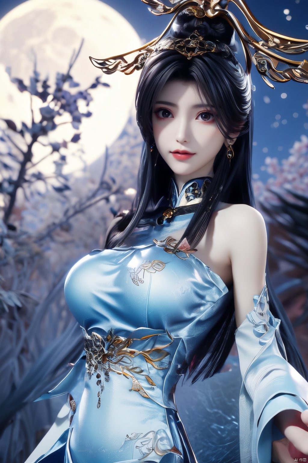 (Masterpiece:1.2), best quality,1girl, looking_at_viewer,(big breasts:1.39),Xyaoye,Large aperture, blurred background, spring scene,flowers,Xsimiaoling,full moon,Xbibo