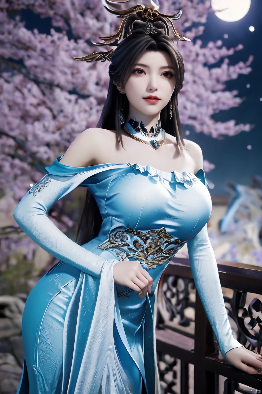 (Masterpiece:1.2), best quality,1girl, looking_at_viewer,(big breasts:1.39),Xyaoye,Large aperture, blurred background, spring scene,flowers,Xsimiaoling,full moon,Xbibo