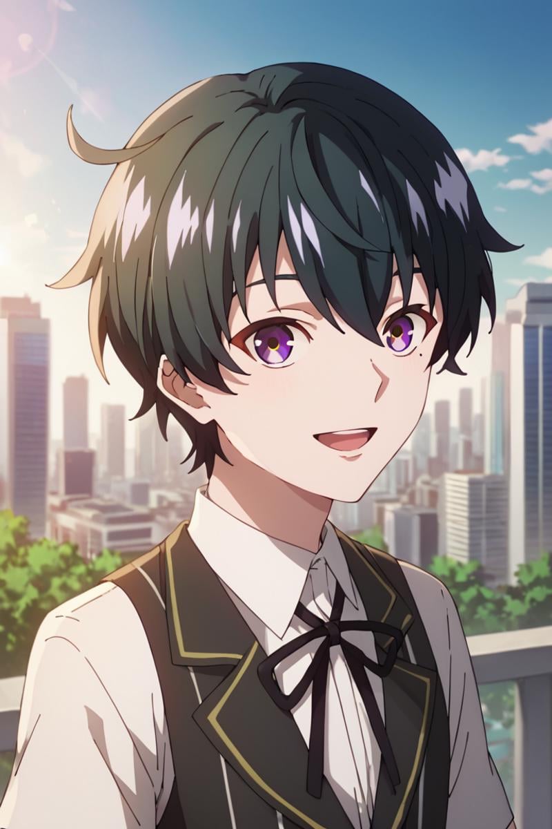 score_9,score_8_up,score_7_up,source_anime,1boy, solo, Esora Shibaura,black hair,purple eyes,ahoge, hair between eyes,MOLE UNDER EYE,white shirt,short sleeves,vest,black ribbon,ribbon, short sleeves, standing, outdoors, city, upper body, smile, looking_at_viewer, light rays, open mouth, night<lora:EMS-432468-EMS:0.800000>