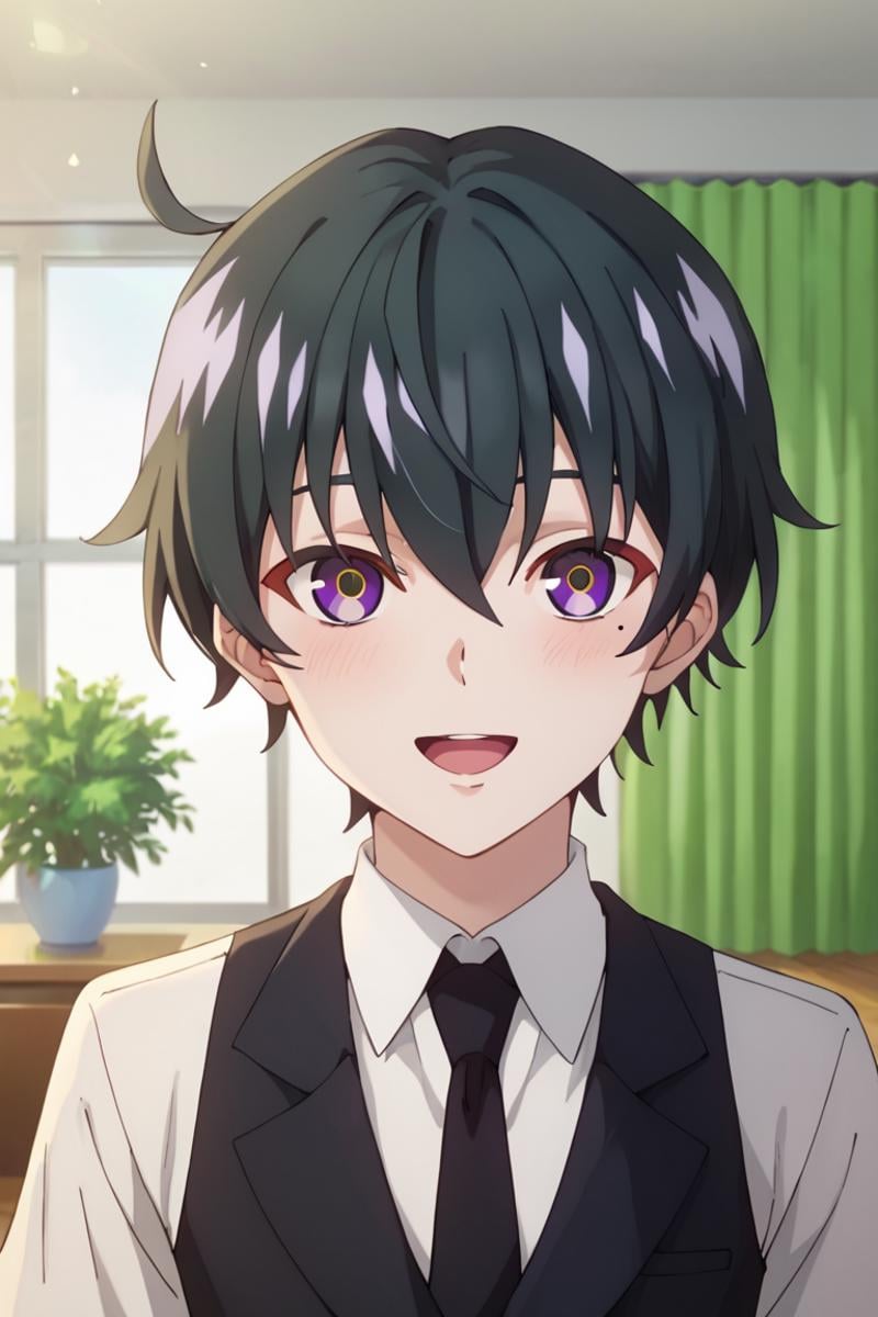 score_9,score_8_up,score_7_up,source_anime,1boy, solo, Esora Shibaura,black hair,purple eyes,ahoge, hair between eyes,MOLE UNDER EYE,White COLLARED SHIRT,black vest,black necktie,necktie,, indoors, smile, blush, open mouth, looking at viewer, closed-up, short sleeves<lora:EMS-432468-EMS:0.800000>