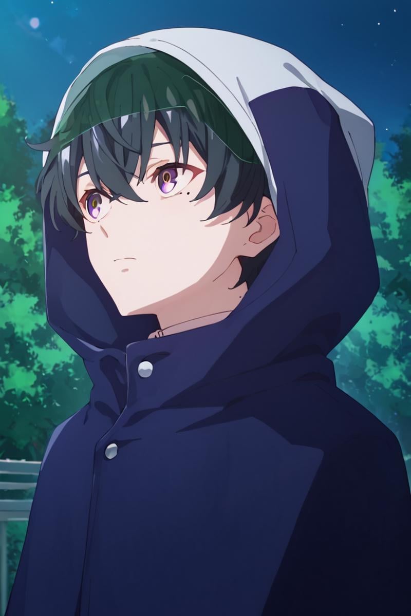 score_9,score_8_up,score_7_up,source_anime,1boy, solo, Esora Shibaura,black hair,purple eyes, hair between eyes,MOLE UNDER EYE, outdoors, hood up, blue raincoat,hood, night, looking away, upper body<lora:EMS-432468-EMS:0.800000>