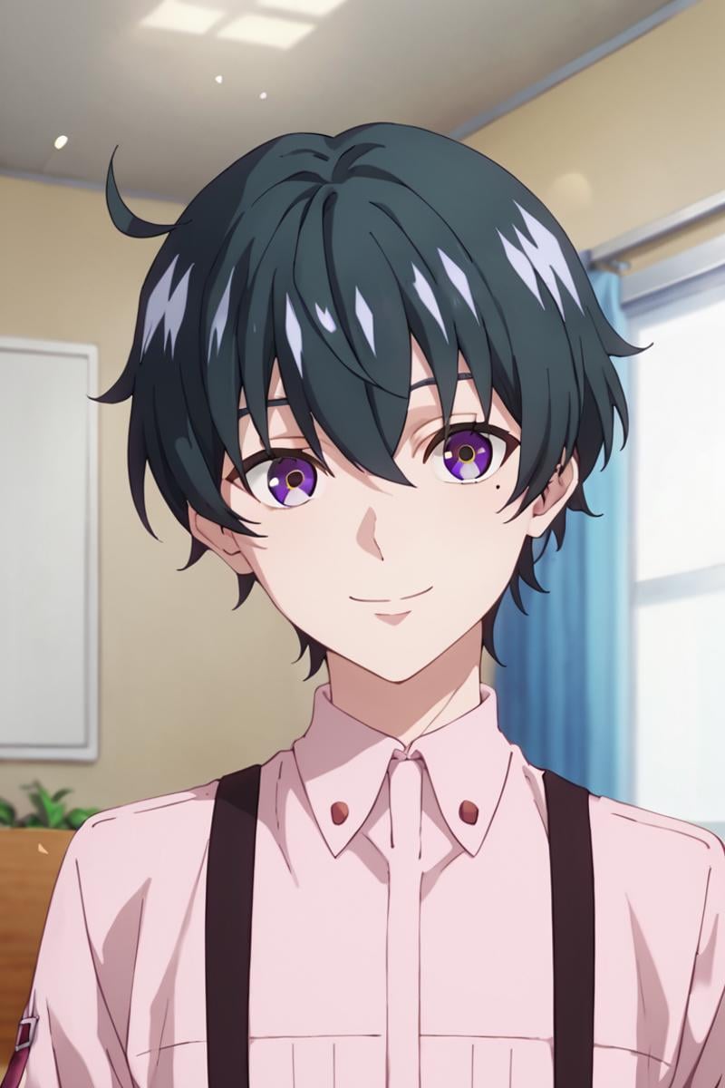 score_9,score_8_up,score_7_up,source_anime,1boy, solo, Esora Shibaura,black hair,purple eyes,ahoge, hair between eyes,MOLE UNDER EYE, indoors, smile,looking at viewer, suspenders,pink shirt,upper body, dutch angle<lora:EMS-432468-EMS:0.800000>