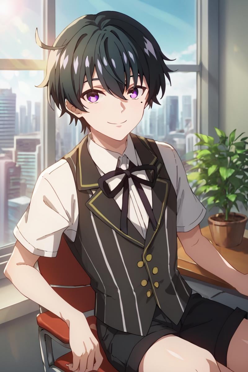 score_9,score_8_up,score_7_up,source_anime,1boy, solo, Esora Shibaura,black hair,purple eyes,ahoge, hair between eyes,MOLE UNDER EYE,white shirt,short sleeves,vest,black ribbon,ribbon, short sleeves, standing, indoors, city, upper body, smile, looking_at_viewer, light rays, window, window on back, chair, crossed legs sitting on chair, black shorts<lora:EMS-432468-EMS:0.800000>