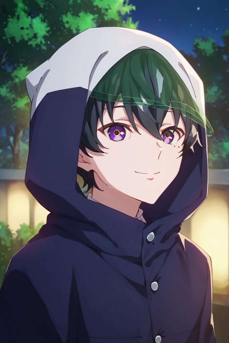 score_9,score_8_up,score_7_up,source_anime,1boy, solo, Esora Shibaura,black hair,purple eyes, hair between eyes,MOLE UNDER EYE, outdoors, hood up, hood, night, upper body, looking_at_viewer smile<lora:EMS-432468-EMS:0.800000>