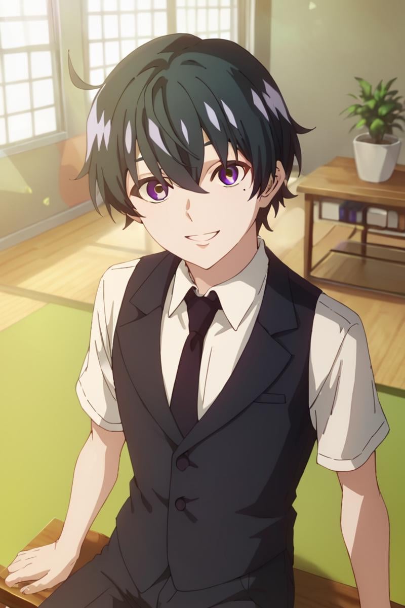 score_9,score_8_up,score_7_up,source_anime,1boy, solo, Esora Shibaura,black hair,purple eyes,ahoge, hair between eyes,MOLE UNDER EYE,White COLLARED SHIRT,black vest,black necktie,necktie,, indoors, smile, looking_at_viewer, sitting, short sleeves<lora:EMS-432468-EMS:1.000000>