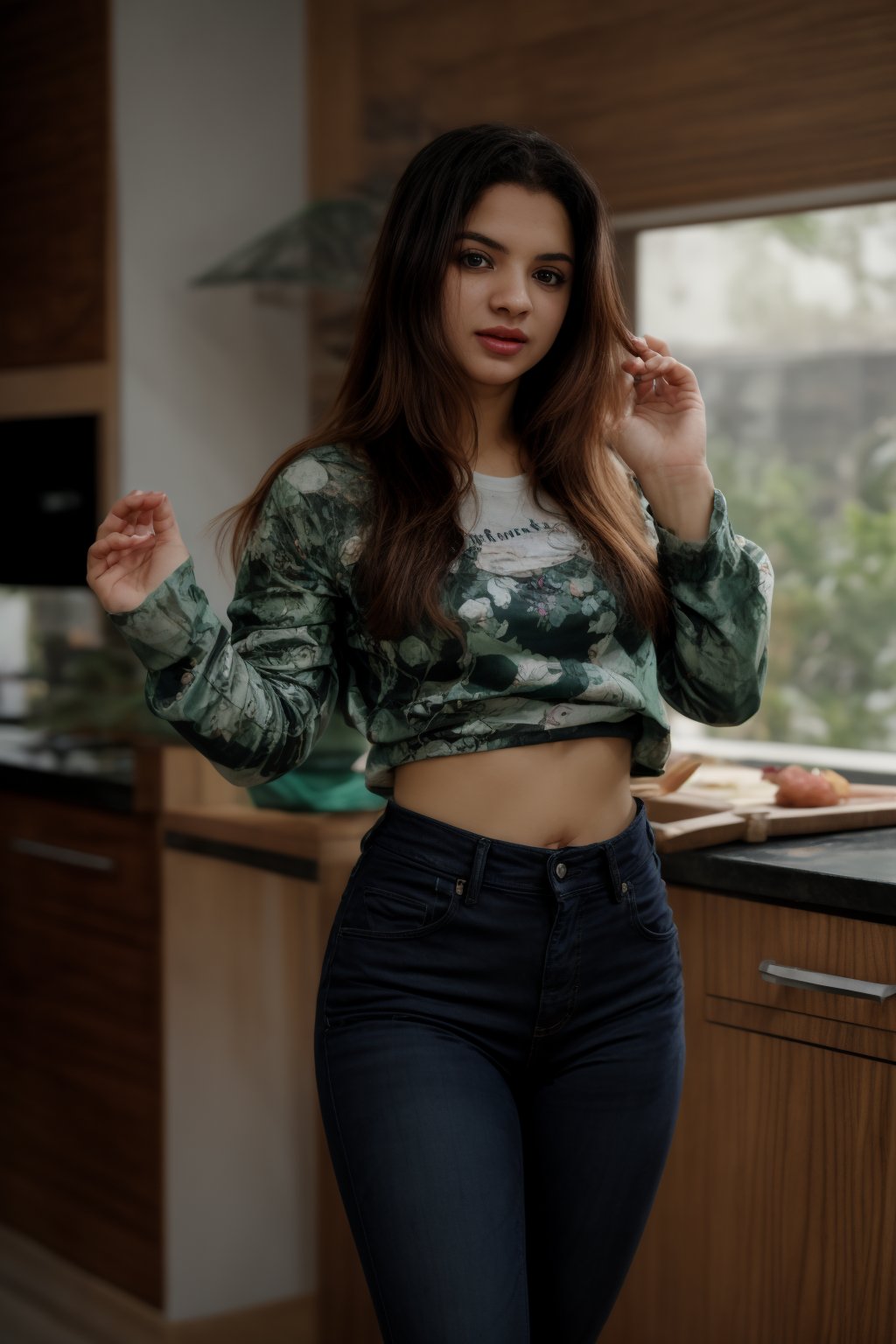 a woman with long, curly brown hair stands in a kitchen. She is wearing a yellow long-sleeved t-shirt, curvy, plump, adorned with a multi-colored floral print, and a pair of blue jeans with a black belt adorned with silver pearls. Midriff exposed navel show, Her left hand is visible, holding a piece of food in her right hand. The backdrop is a stark white wall, with a window on the right side of the frame.