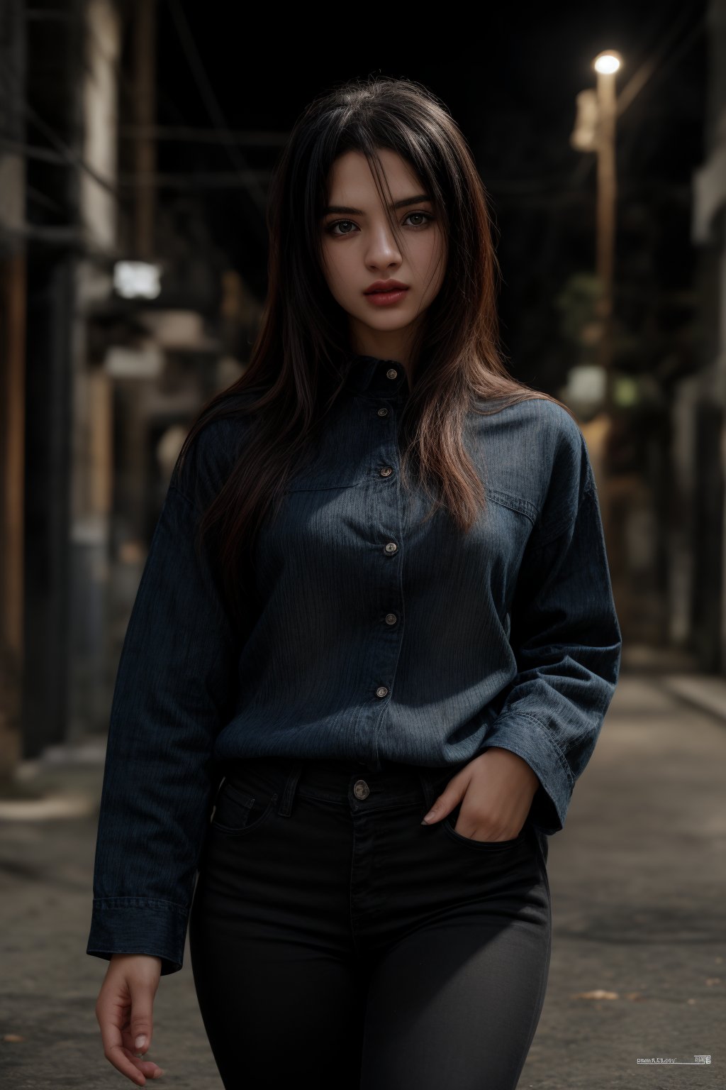 pretty 1girl, long straight black hair, wearing denim cover all fashion, super high quality, real images, lifelike, real skin, soft lighting, Cinematic, (Surrealism: 1.2), (8K UHD: 1.2), (Photorealism: 1.2), Shot with medium format camera, Professional camera, Perfectly Delicate and Rich in Detail, (masterpiece, top quality, best quality, official art, beautiful and aesthetic:1.2), (((1girl))), dynamic pose, extreme detailed,Big bearsts