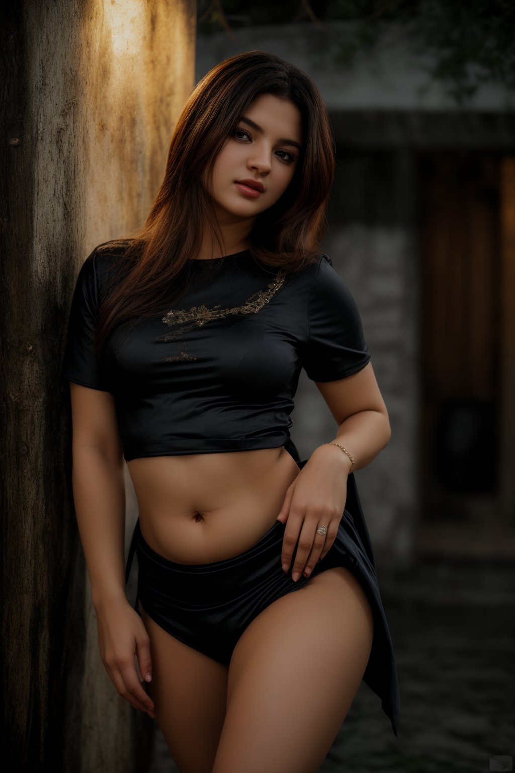 A beauty poses elegantly against a richly textured, warm-toned backdrop, bathed in soft sidelighting that accentuates her features. Vibrant colors and high contrast (HDR) create depth, while flowing hair cascades down to thigh level, framing her face. Exquisite details and textures are captured in 16K resolution, with a realistic quality that's almost three-dimensional. The ambient lighting casts a warm glow, inviting the viewer into an intimate setting.,Cosplay,Curvy plump women 