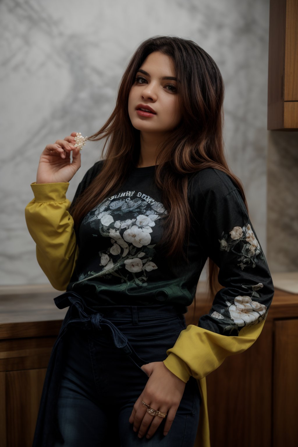 a woman with long, curly brown hair stands in a kitchen. She is wearing a yellow long-sleeved t-shirt, adorned with a multi-colored floral print, and a pair of blue jeans with a black belt adorned with silver pearls. Her left hand is visible, holding a piece of food in her right hand. The backdrop is a stark white wall, with a window on the right side of the frame.