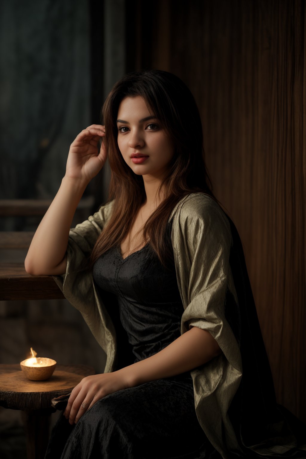 A beauty poses elegantly against a richly textured, warm-toned backdrop, bathed in soft sidelighting that accentuates her features. Vibrant colors and high contrast (HDR) create depth, while flowing hair cascades down to thigh level, framing her face. Exquisite details and textures are captured in 16K resolution, with a realistic quality that's almost three-dimensional. The ambient lighting casts a warm glow, inviting the viewer into an intimate setting.,Cosplay,Curvy plump women 