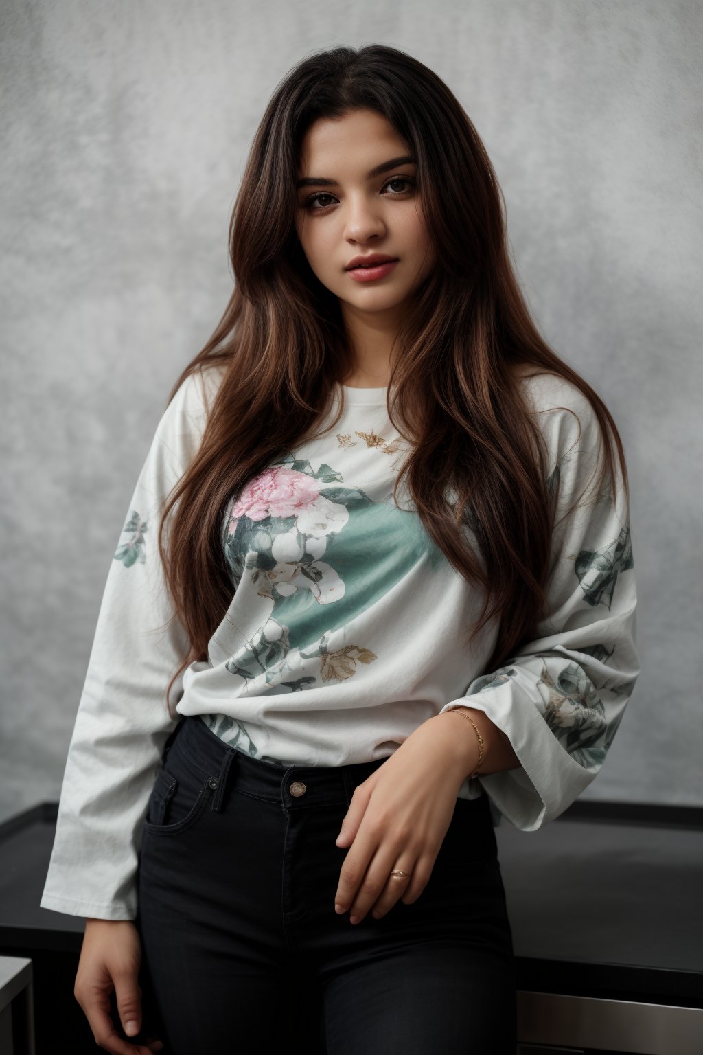 a woman with long, curly brown hair stands in a kitchen. She is wearing a yellow long-sleeved t-shirt, adorned with a multi-colored floral print, and a pair of blue jeans with a black belt adorned with silver pearls. Her left hand is visible, holding a piece of food in her right hand. The backdrop is a stark white wall, with a window on the right side of the frame.