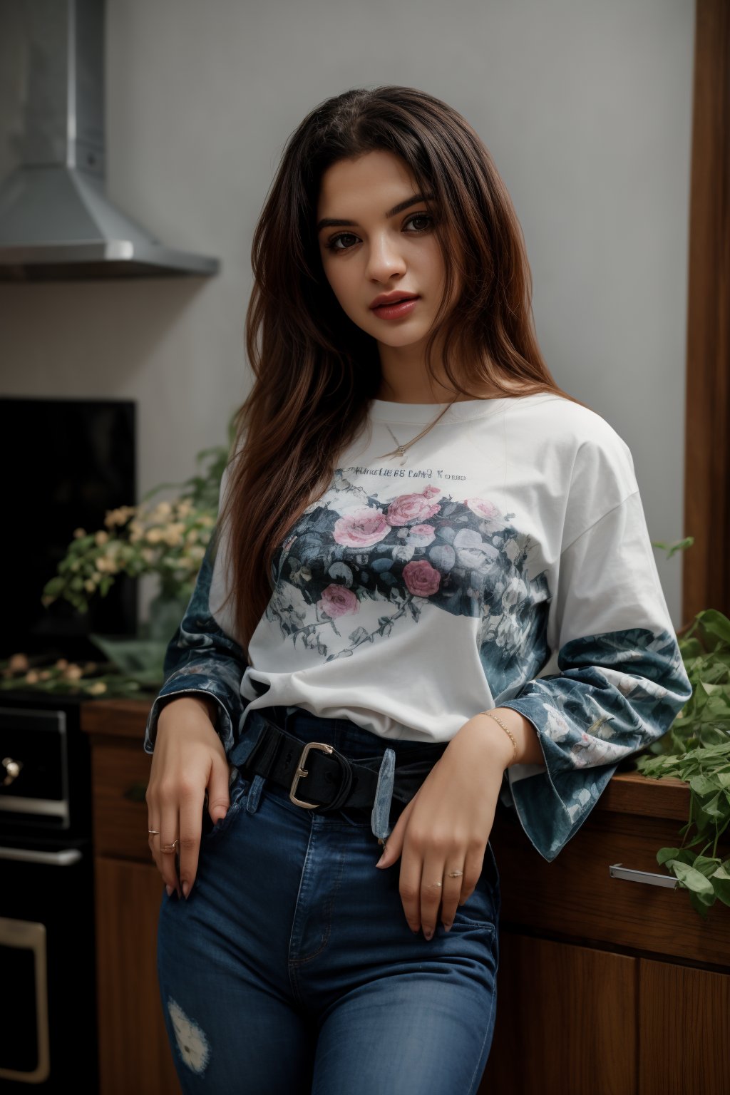 a woman with long, curly brown hair stands in a kitchen. She is wearing a yellow long-sleeved t-shirt, adorned with a multi-colored floral print, and a pair of blue jeans with a black belt adorned with silver pearls. Her left hand is visible, holding a piece of food in her right hand. The backdrop is a stark white wall, with a window on the right side of the frame.