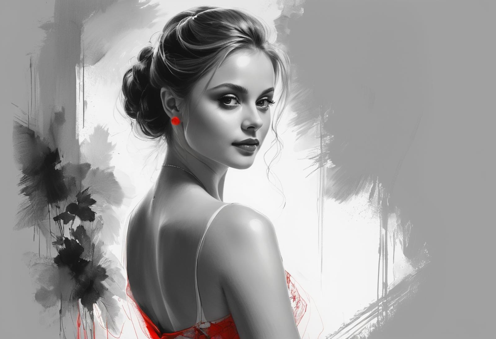 Pencil Sketch Drawing, line art drawing, a elegant beautiful young woman, combination of Erin Moriarty:0.9, joey king:0.7, Rachael Taylor:1.2, wearing tango dress, (her silhouette outlined with glowing red). (style of Vladimir Volegov:1.1). (her silhouette contoured with glowing red). red white on grey color palette. professional, sleek, modern, minimalist, graphic, line art, vector graphics, black and white drawing, graphite drawing, painting in the style of Anders Zorn, Alexi Brilo, Luisa Royo