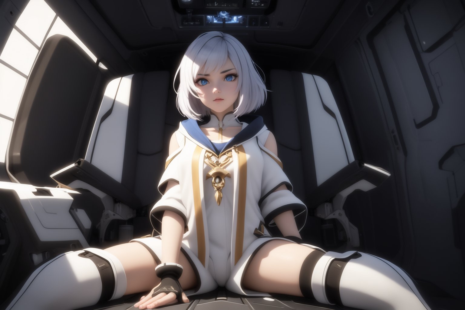 Eru, 1boy, Solo, Short Silver Hair, Rainbow Eyes, white cloth, short pant, white long boots, glove, sit in the cockpit, visible leg, sexy pose, ((Best quality)), ((masterpiece)), 3D, HDR (High Dynamic Range),Ray Tracing, NVIDIA RTX, Super-Resolution, Unreal 5,Subsurface scattering, PBR Texturing, Post-processing, Anisotropic Filtering, Depth-of-field, Maximum clarity and sharpness, Multi-layered textures, Albedo and Specular maps, Surface shading, Accurate simulation of light-material interaction, Perfect proportions, Octane Render, Two-tone lighting, Wide aperture, Low ISO, White balance, Rule of thirds,8K RAW, Aura, masterpiece, best quality, Mysterious expression, magical effects like sparkles or energy, flowing robes or enchanting attire, mechanic creatures or mystical background, rim lighting, side lighting, cinematic light, ultra high res, 8k uhd, film grain, best shadow, delicate, RAW, light particles, detailed skin texture, detailed cloth texture, beautiful face, (masterpiece), best quality, expressive eyes, perfect face,