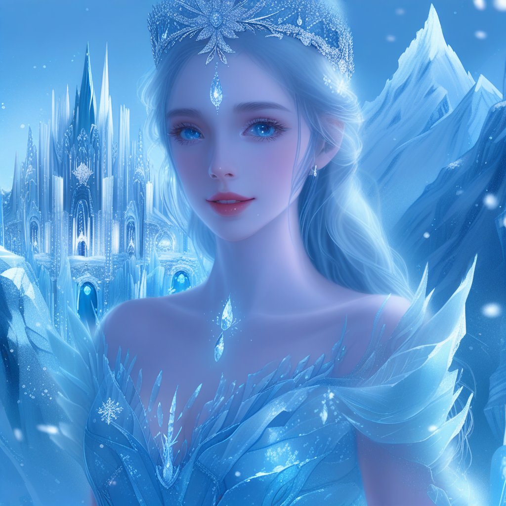 Digital painting, elegant ice princess. She wears a shimmering blue gown made of ice crystals and a silver tiara that glows faintly. Her eyes are a piercing icy blue, with a serene and composed expression. The background depicts a frozen landscape with snow-covered mountains and a crystal palace. Her gown is detailed with frost patterns, reflecting the cold beauty and regal presence of the ice princess.
