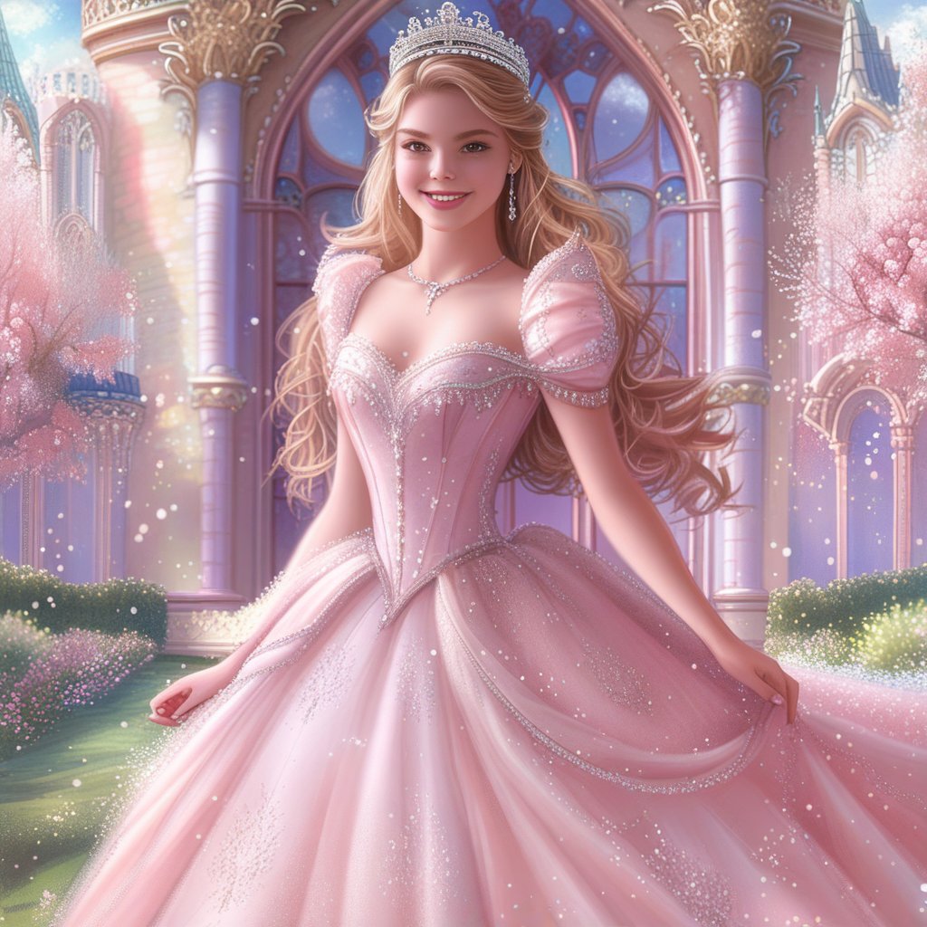 Digital painting,  a classic fairy tale princess. She wears a ball gown in pastel pink with layers of tulle and lace, and a sparkling tiara on her head. Her eyes are bright and filled with hope, with a soft smile on her lips. The background shows a grand castle with turrets and banners, surrounded by blooming gardens. Her gown is detailed with intricate patterns and delicate embellishments, creating a dreamy and enchanting atmosphere.
