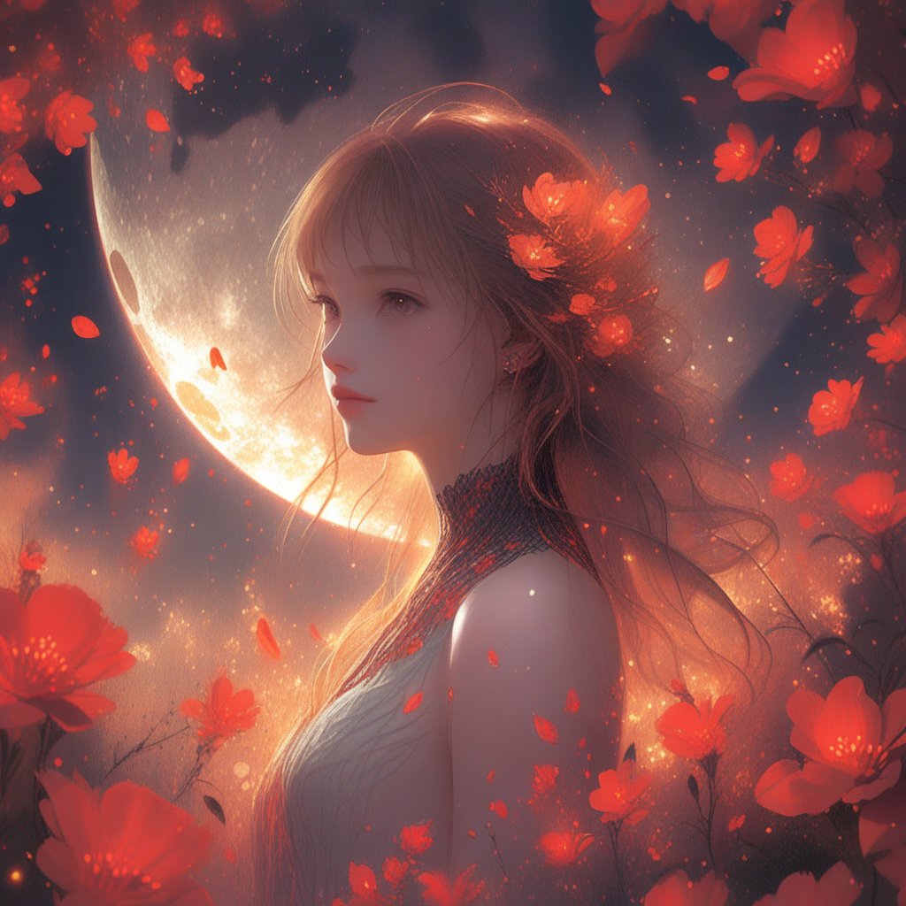 digital painting, (1girl, face focus, medium shot, gracefully, golden petals and red flowers form intricate patterns against the backdrop of the moon, reminiscent of the styles of Yoann Lossel, Cyril Rolando, Nan Goldin, Lee Bontecou, and Loish), Detailed texture, High quality, High resolution, High precision, Realism, Color correction, Proper lighting settings, Harmonious composition, Behance Works