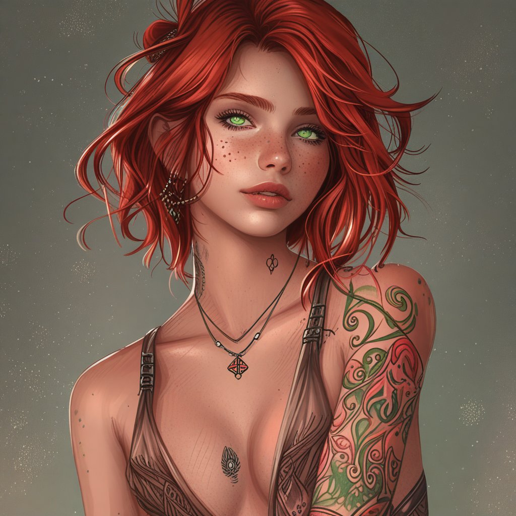 A beautiful tall girl and sexy, red hair, fair skin, green eyes, short haircut, a few freckles on her face, dressed in hippie style,has a few scars on her body, she has a slender build and is also toned, she has a tattoo on her shoulder and arm, digital painting