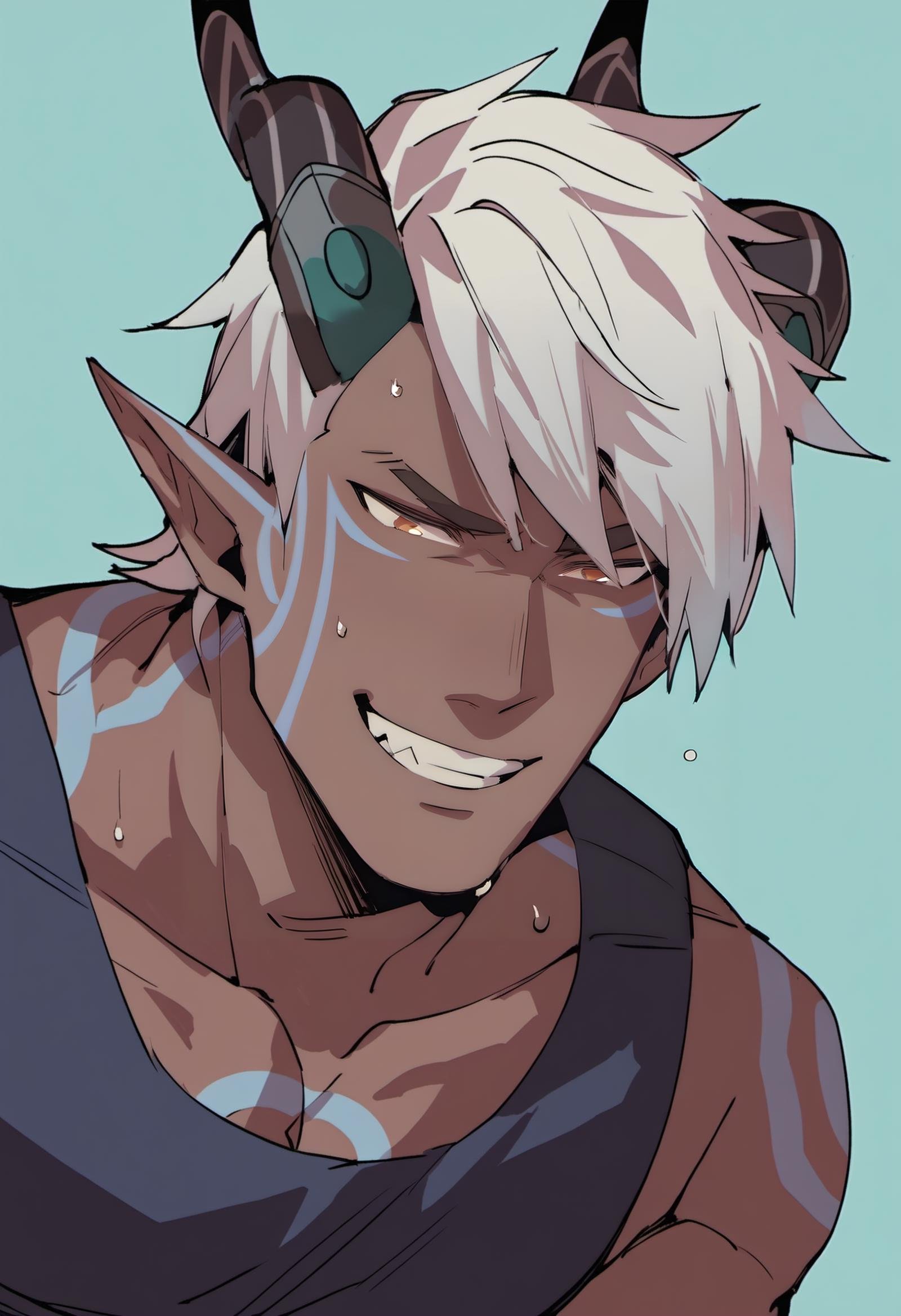 score_9, score_8_up, score_7_up, score_6_up, source_cartoon, 1boy, solo, male focus, <lora:ethari_tdp:1>, ethari_tdp, white hair, bangs, horns, pointy ears, tattoo, colored skin, dark-skinned male, grin, sweat, tank top, pectorals