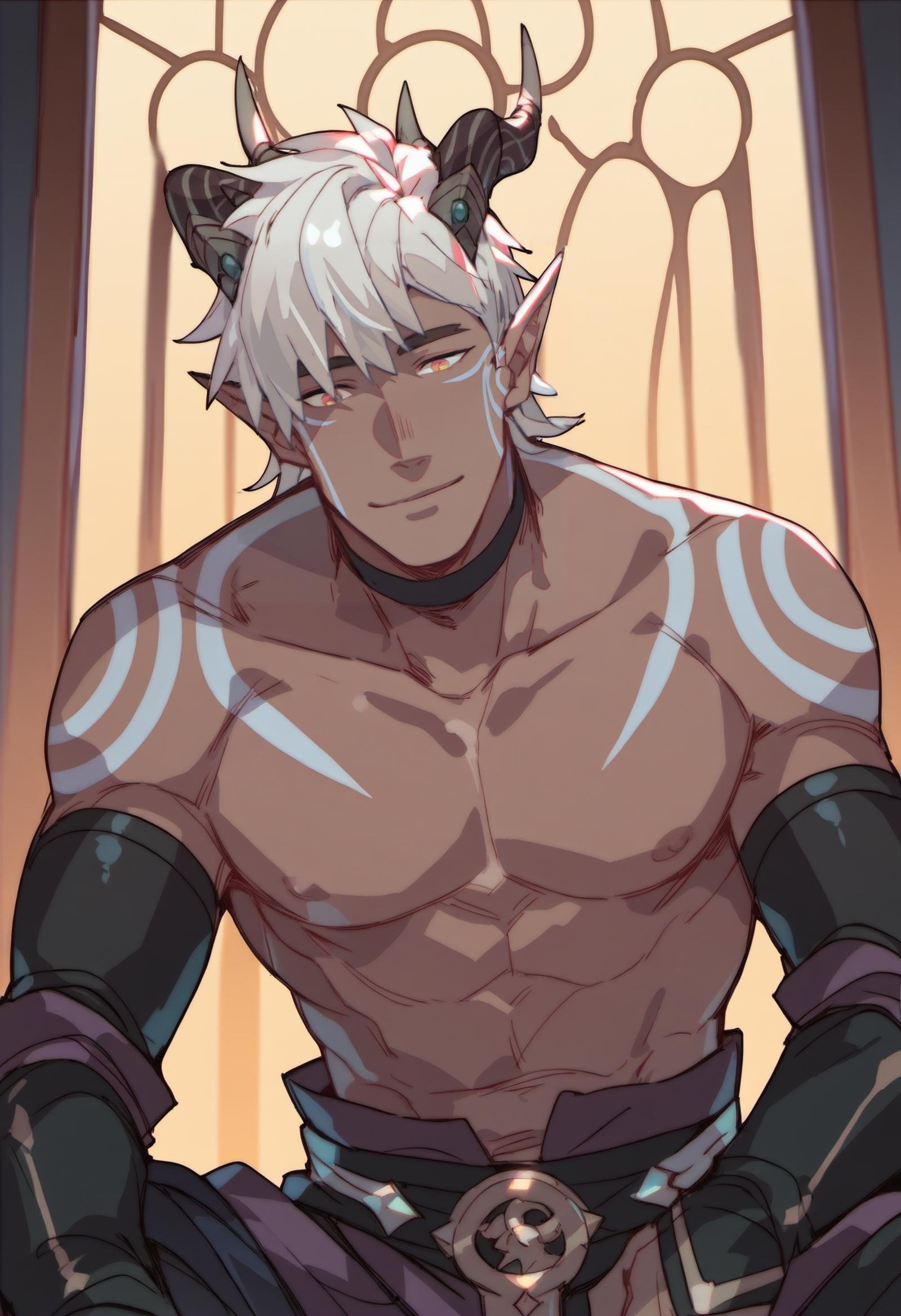 score_9, score_8_up, score_7_up, score_6_up, source_cartoon, 1boy, solo, male focus, <lora:ethari_tdp:1>, ethari_tdp, white hair, bangs, horns, pointy ears, tattoo, colored skin, dark-skinned male, light smile, topless male, pectorals, nipples, indoors