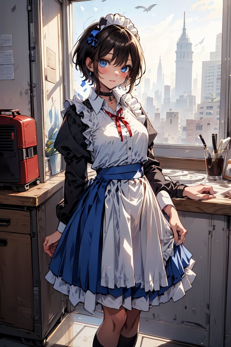 (masterpiece, highest quality), high resolution, artistic composition,
cute, beautiful, ((boyish beautiful girl))
,(very short hair, extra short hair),
lustrous black hair,
black hair,
eyeshadow, purple eyeshadow, makeup
blue beautiful eyes,
Blake
very long skirt,(very long skirt down to the knees:0.5)
(blue dress), apron dress, ((long skirted girls' uniform, long skirted apron dress)),
white shirt,(collared shirt), puffy sleeves,(red ribbon around neck),cute girls' uniform ribbon,
Blake,
white socks, loafers, black footwear, mary janes, school bag,
Blake,
skirt lining is white,(white petticoat inside skirt, long skirt with frills, pure white petticoat:0.5)