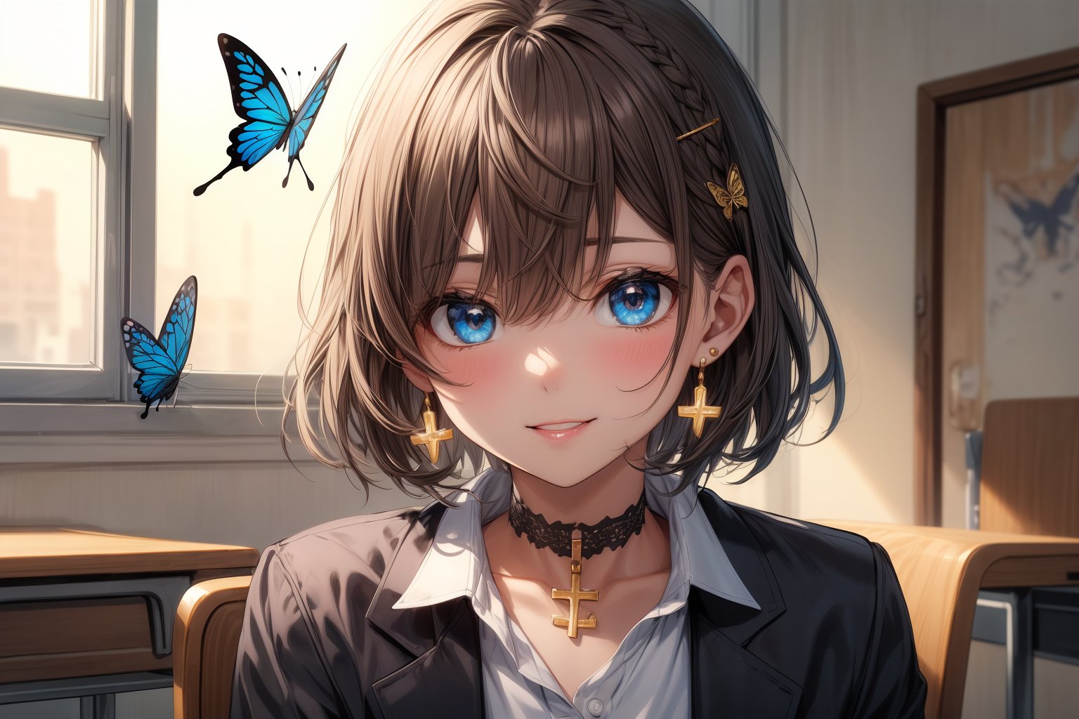 Masterpiece, highest quality, illustration, succubus princess, cute, cute, (portrait: 1.2), (close-up), 1 girl, solo, looking at viewer, blushing, smiling,


Her blue jewel-like eyes are so beautiful that you can almost be sucked into them.
Short hair, small braids (bangs are black and brown), hair between black and brown, holy cross hair ornament, shining blue cross hair ornament, blue cross clip, shiny inner hair (brown and blue) two-tone hair)

Accessories include gold and silver jewelry, x hair ornaments, and cross hair clips.
Butterfly earrings, butterfly & jewel choker (earrings & choker), (silk jet black lace choker), feminine black lace choker

Butterfly earrings, butterfly and jewel choker,
(Earrings and Chokers), A choker is a jet black lace choker accessory that resembles silk women's underwear or gold or silver jewelry.

short hair, bangs, blue eyes, brown hair, shirt, hair ornament, long sleeves, hair between the eyes, sitting, school uniform, jacket, white shirt, parted lips, tie, hair clip, collared shirt, pants, indoors, , medium hair, black jacket, plaid, window,
Plaid slacks, chair, black pants, blazer, hair ornament, blue tie, desk, school desk