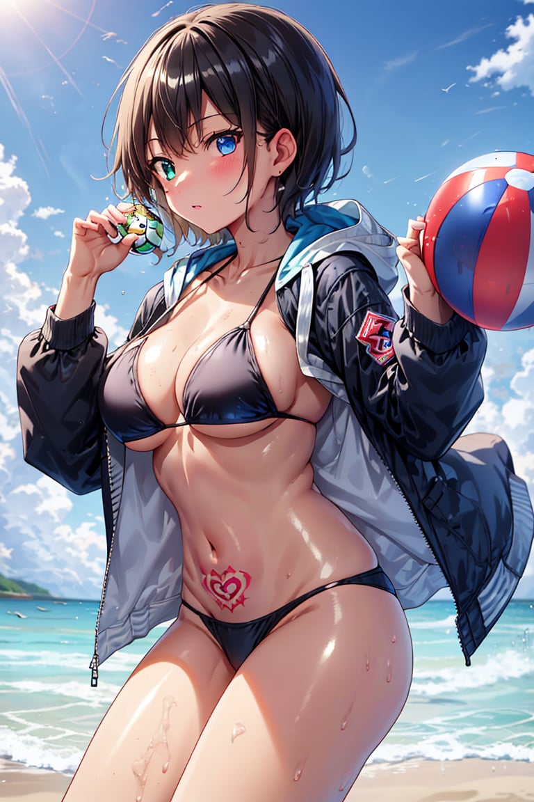 score_9, score_8_up, score_7_up,source_anime, high res image,masterpiece,best quality,girl,cute face,clear skin,((very shiny hair)),
Beach setting, summer theme. jacket, swimsuit, short sleeves, bikini, open clothes, sky, daytime, clouds, hood, water, open jacket, blue sky, looking to the side, black bikini, ocean, heterochromia iridum, beach, hood down, blue jacket, hooded jacket, blue bikini, ball, beach ball, holding ball, surfboard,
ultra detailed eyes,simple background,    pubic tattoo, tattoo, heart,underwear