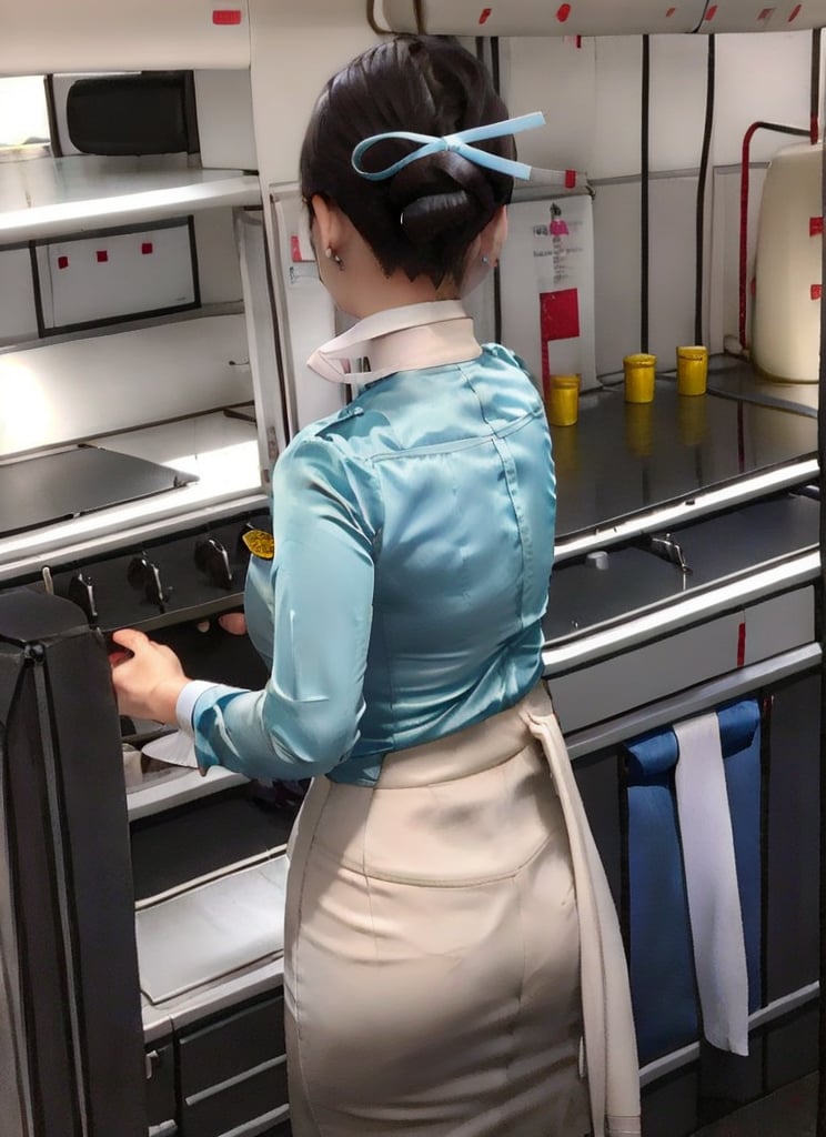 1 slim flight crew with beautiful face, single hair bun hair, black hair, wearing (blue stain shirt) and white pencil skirt, silk scarf, name tag, flight badge (solo), from front, in flight kitchen