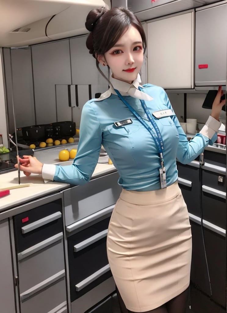 1 slim flight crew with beautiful face, single hair bun hair, black hair, wearing blue stain shirt and white pencil skirt, silk scarf, name tag, flight badge solo, in flight kitchen,