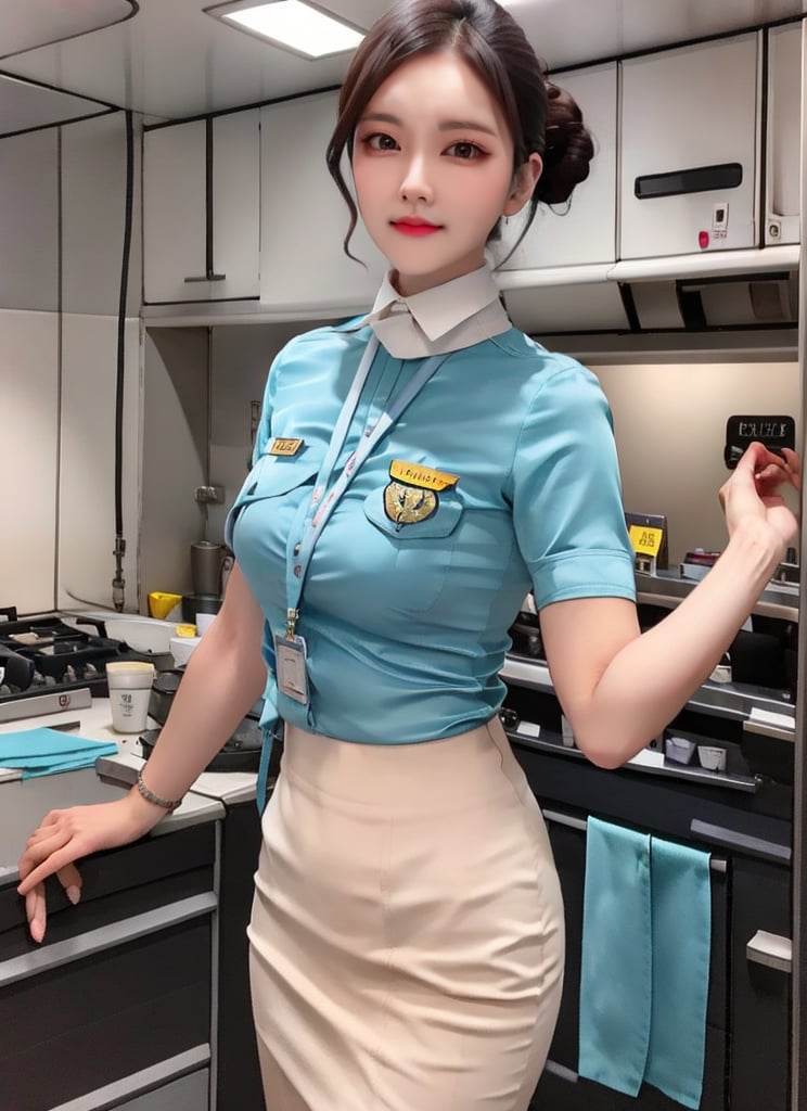 1 slim flight crew with beautiful face, single hair bun hair, black hair, wearing blue stain shirt and white pencil skirt, silk scarf, name tag, flight badge (solo:1.2), in flight kitchen