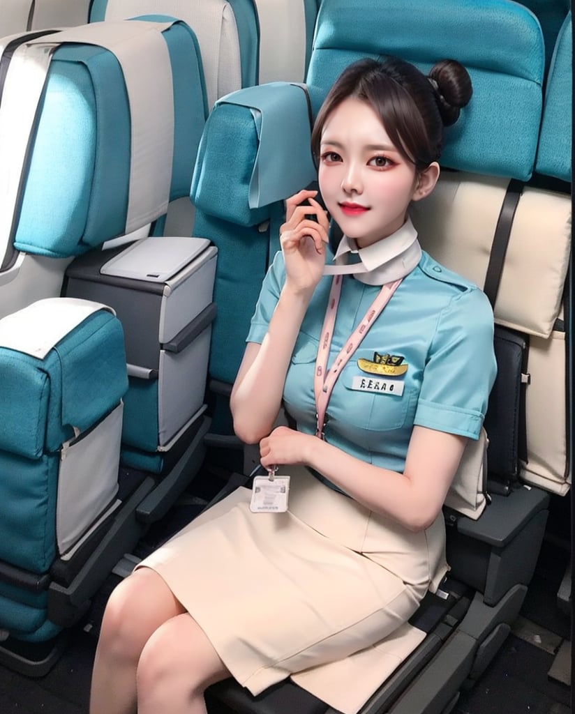 1 slim flight crew with beautiful face, single hair bun hair, black hair, wearing blue stain shirt and white pencil skirt, silk scarf, name tag, flight badge, sitting, solo, in flight cabin