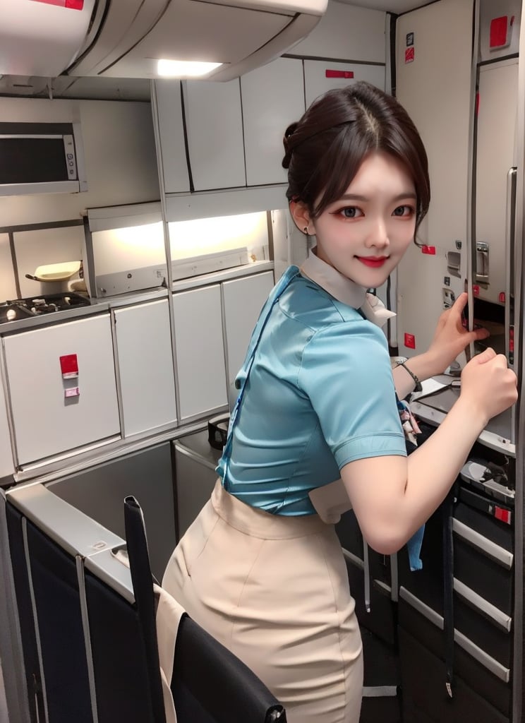 1 slim flight crew with beautiful face, single hair bun hair, black hair, wearing blue stain shirt and white pencil skirt, silk scarf, name tag, flight badge (solo:1.2), in flight kitchen