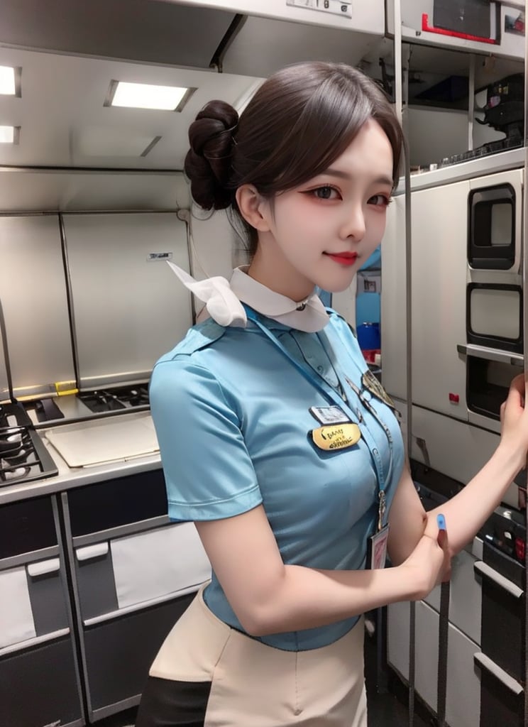 1 slim flight crew with beautiful face, single hair bun hair, black hair, wearing blue stain shirt and white pencil skirt, silk scarf, name tag, flight badge (solo:1.2), in flight kitchen