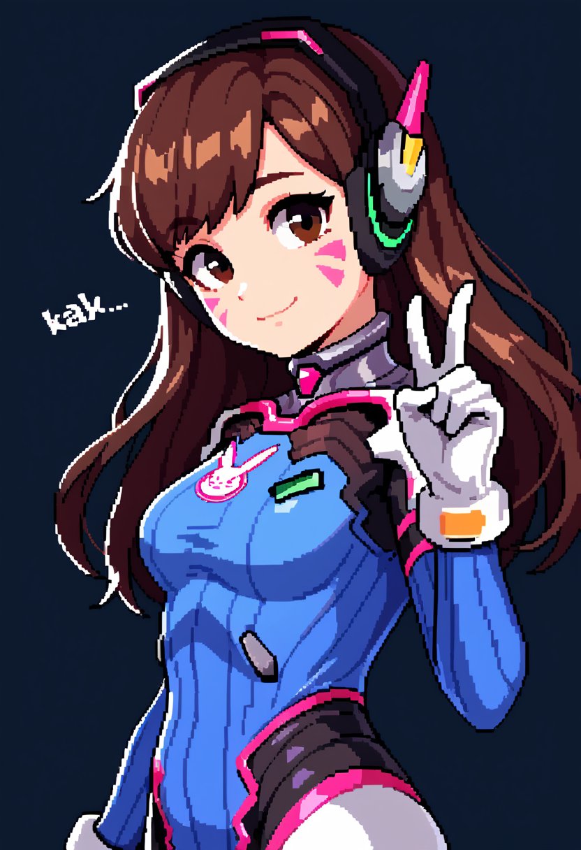 score_9, score_8_up, score_7_up, rating_safe, dark background 1 girl, solo, cute, (short:1.2), small body, (shortstack:1.1), d.va \(overwatch\), headshot portrait, side view, close-up, looking at viewer, bodysuit, (head tilt:1.2), white gloves, slight smile, headphones, dutch angle, v sign,