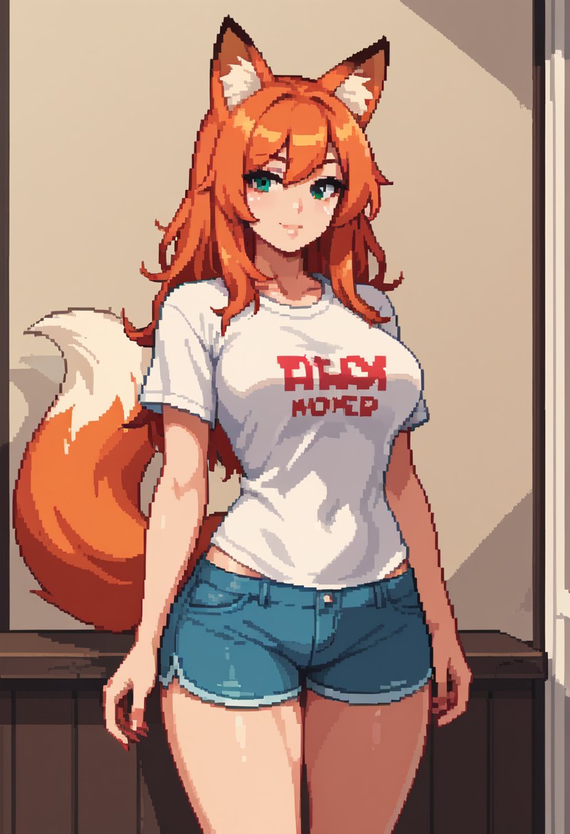 score_9, score_8_up, score_7_up, score_6_up, 1girl, curvy, t-shirt,  1ly4, ginger hair, fox ears,