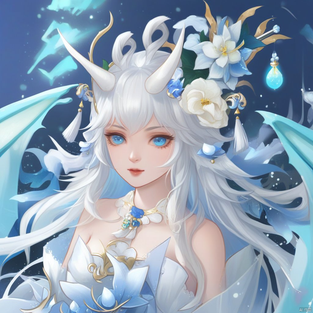 古风厚涂插画,一个女孩儿。1girl, solo, long hair, horns, white hair, blue eyes, hair ornament, upper body, bare shoulders, fins, flower, dragon horns, detached sleeves, head fins, hair flower, dress