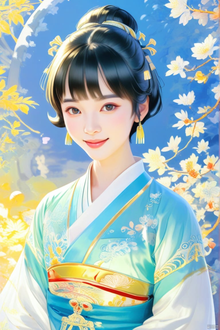 1girl,hanfu,chinese costume,short hair ,air bangs, smile,upper body,delicate facial features,(best quality),((masterpiece)),(an extremely delicate and beautiful),original,extremely detailed wallpaper,gufeng-style