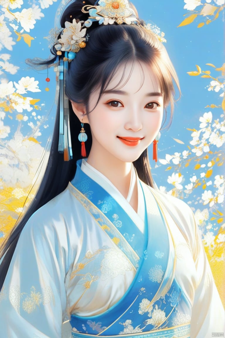 1girl,hanfu,chinese costume,smile,upper body,delicate facial features,(best quality),((masterpiece)),(an extremely delicate and beautiful),original,extremely detailed wallpaper,gufeng-style