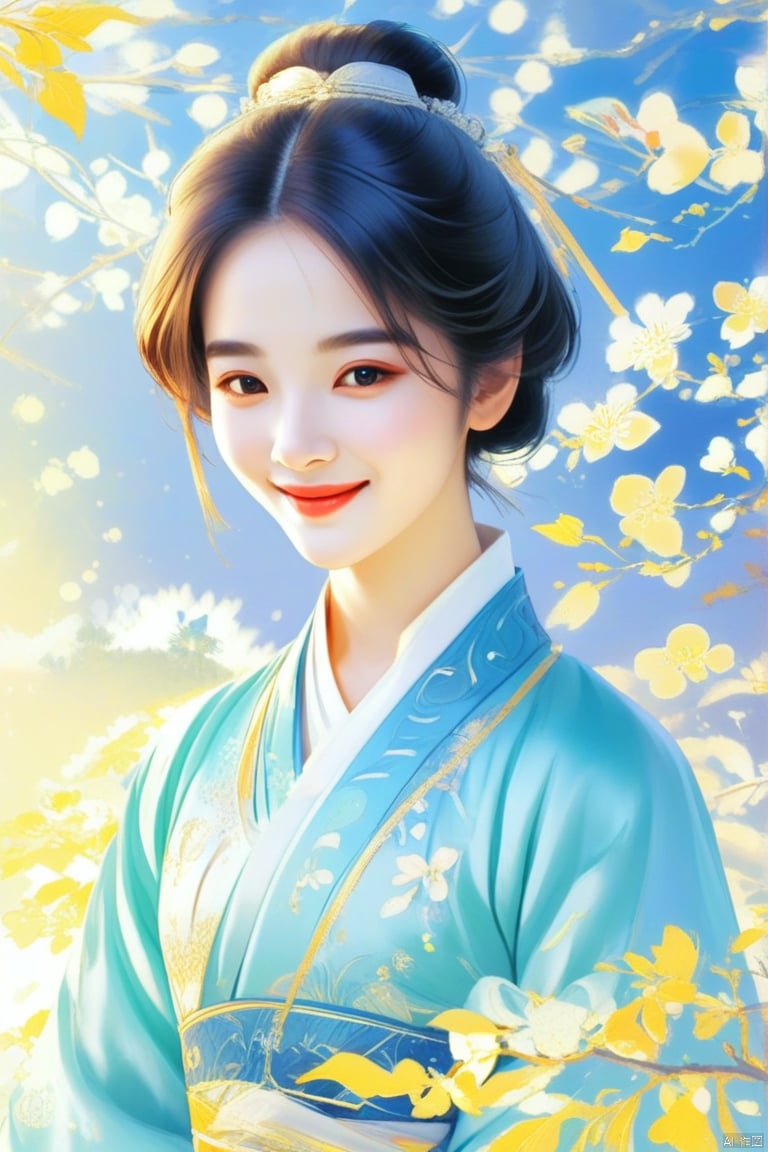 1girl,hanfu,chinese costume,short hair ,smile,upper body,delicate facial features,(best quality),((masterpiece)),(an extremely delicate and beautiful),original,extremely detailed wallpaper,gufeng-style