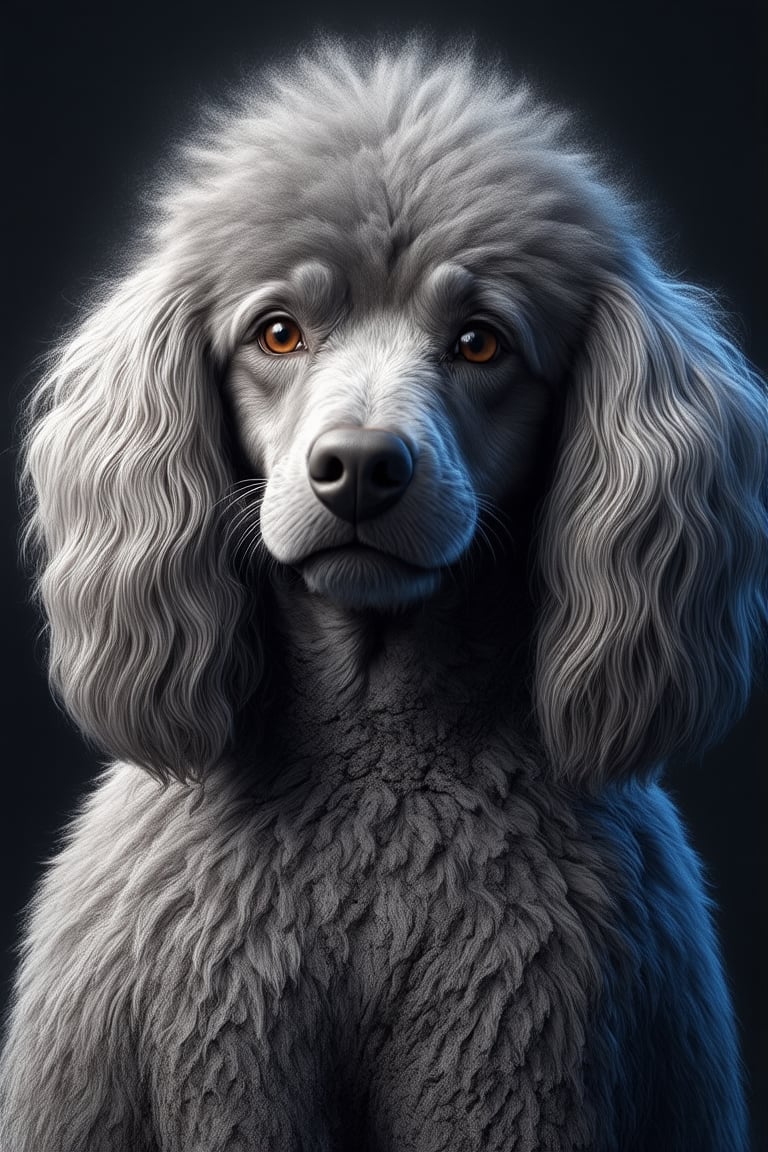 portrait of an ultrarealistic canine poodle. 8k resolution, 4k image. HDR highly detailed. vivid. UHD, amazing depth, glowing rich colors, powerful imagery, incinerated, ash parts, macro textured black|grey ash, deep fine cracks, kintsugi, soft focus, half body editorial shot, depth of field, intricately hyperdetailed, amazing depth, expansive details, cracked surface, iridescent surface, Anna Dittmann, Dominic Qwek, complex masterwork by head of prompt engineering, ap0l0n1artSHC