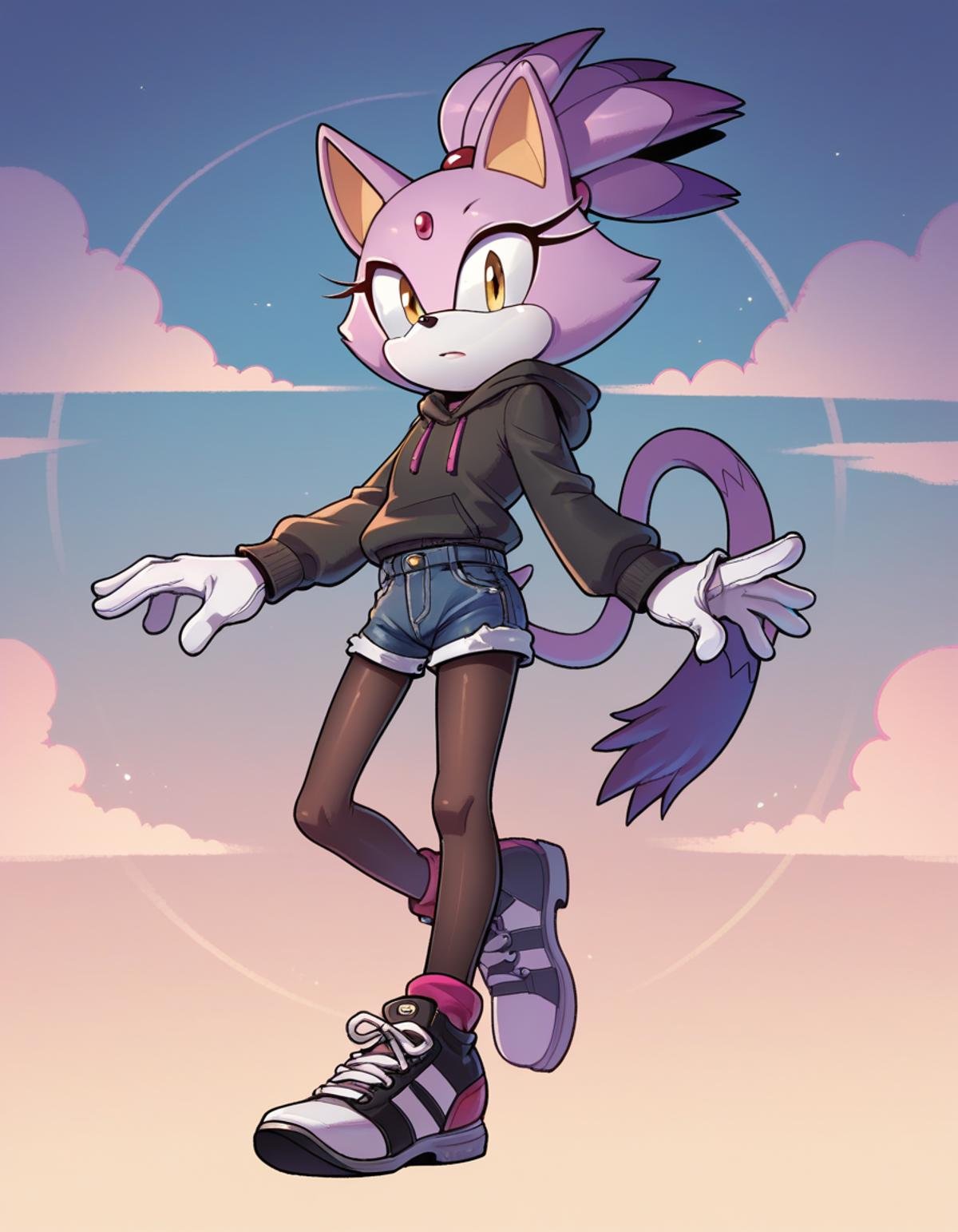 zPDXL, score_9, score_8_up, score_7_up, score_6_up, score_5_up, score_4_up, 1girl, solo, sonic \(series\), <lora:EvanStan:0.8> evnstnly, black sneakers, hoodie, denim shorts, black pantyhose, pantyhose under shorts, white gloves, blaze the cat, purple fur, white fur, two-tone fur, forehead jewel, cat ears, cat tail, high ponytail, yellow eyes, flat chest, petite,