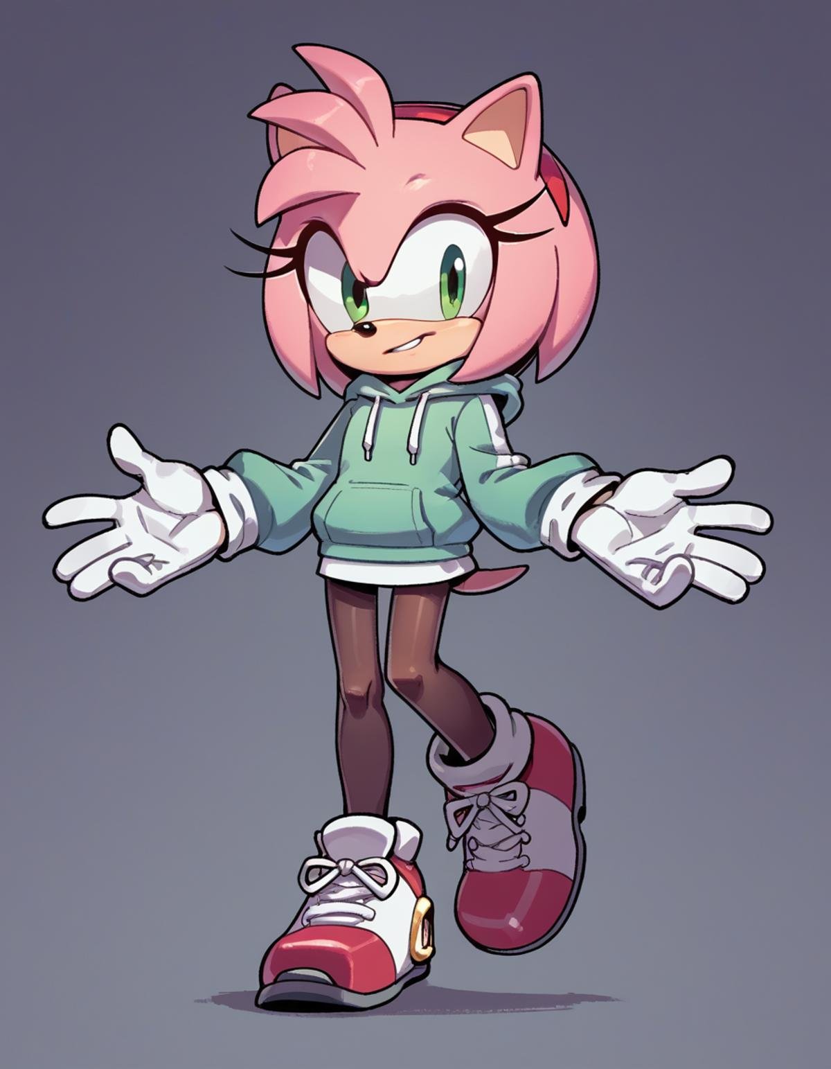 score_9, score_8_up, score_7_up, score_6_up, score_5_up, score_4_up, 1girl, solo, <lora:EvanStan:0.8> evnstnly, hoodie dress, pantyhose, sneakers, white gloves, amy rose, pink fur, green eyes, body fur, hedgehog ears, hedgehog tail, flat chest, petite,