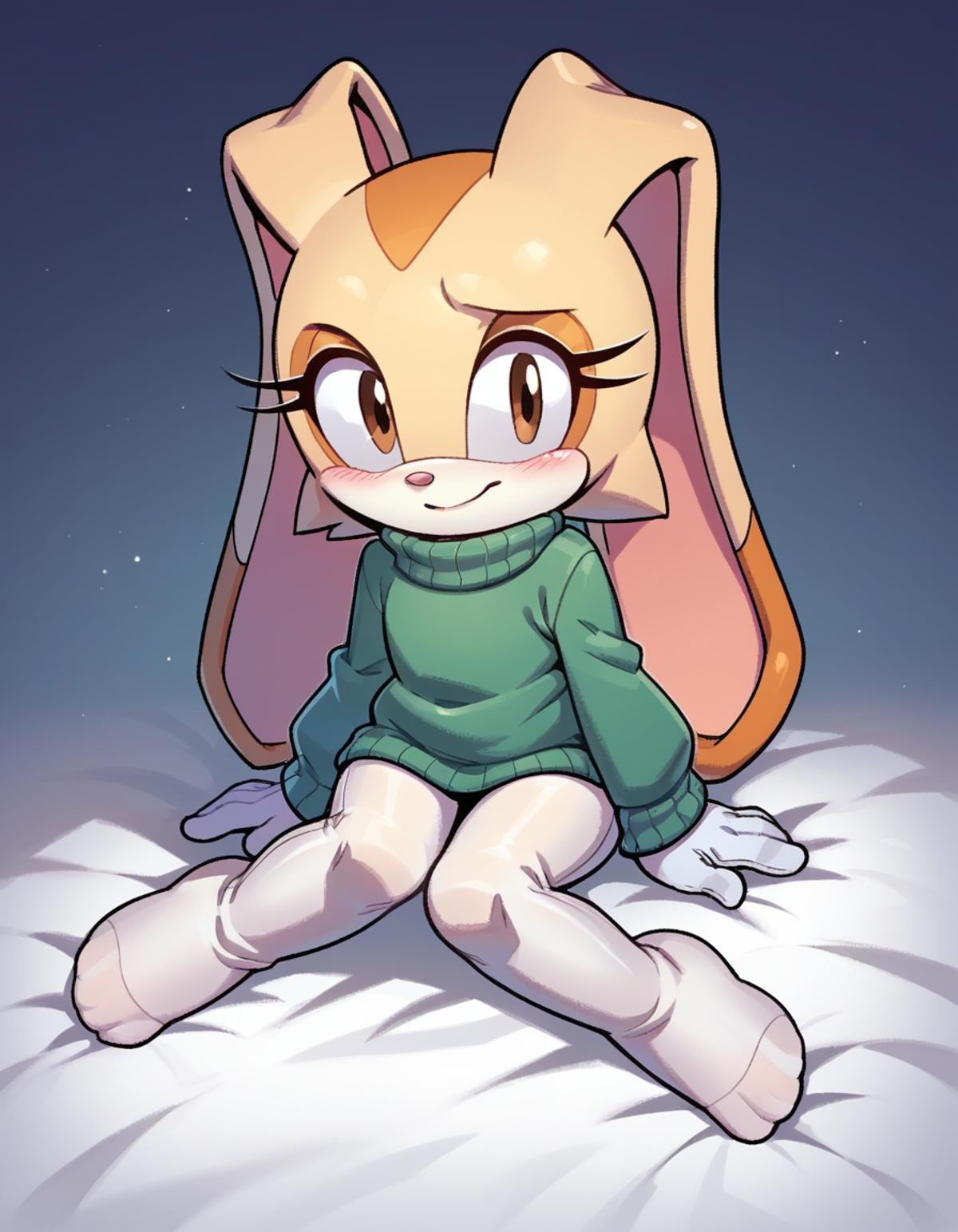 score_9, score_8_up, score_7_up, score_6_up, score_5_up, score_4_up, 1girl, full body, solo,<lora:EvanStan-18:0.9> evnstnly, furry, sweater, turtleneck sweater, white leggings, no shoes, white gloves, sitting, blush, light smile, looking at viewer, flat chest, child, pantyhose, cream the rabbit, rabbit ears, rabbit tail, brown eyes, yellow fur, two-tone fur, toddler, little girl,