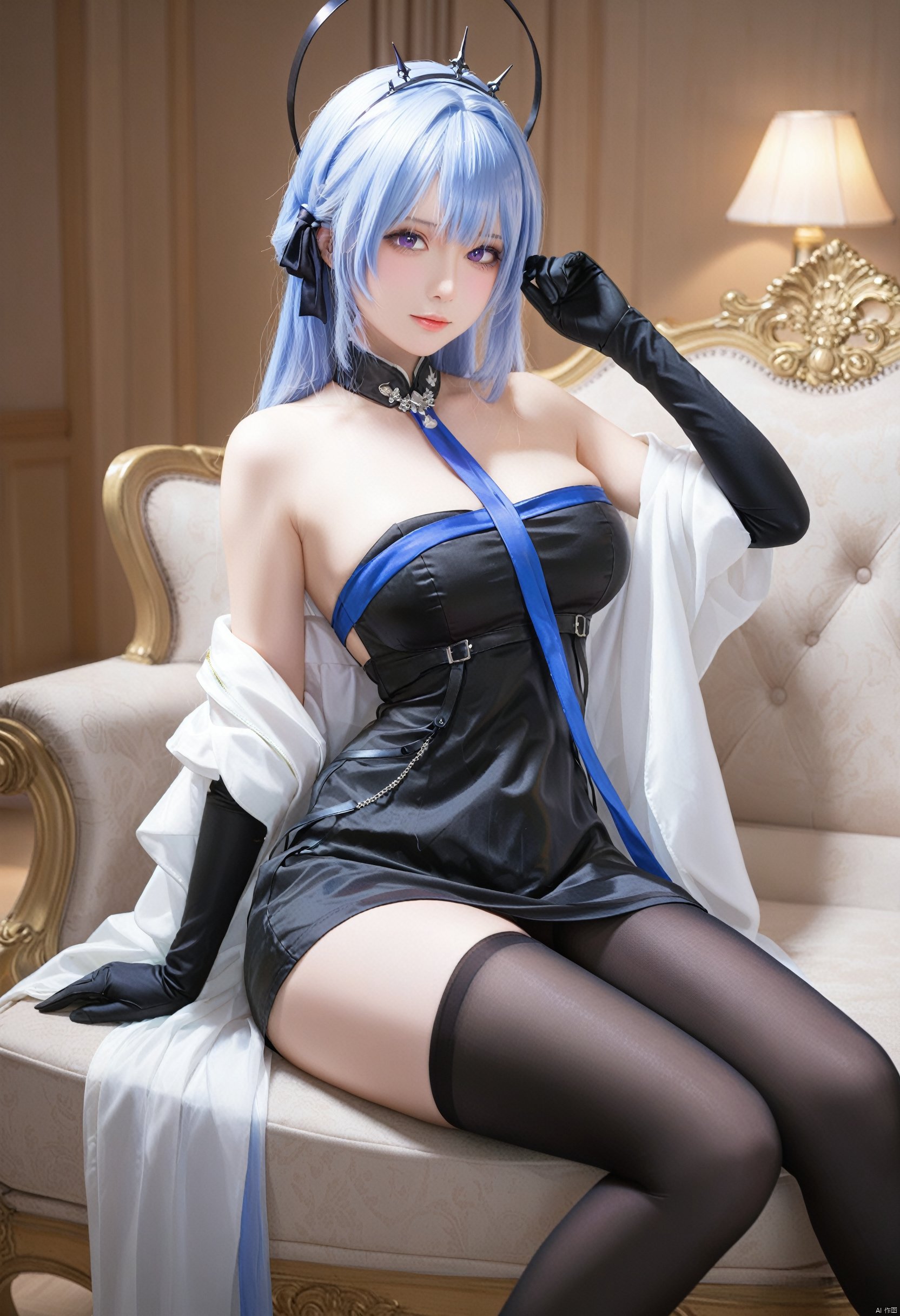 masterpiece,best quality,masterpiece,best quality, 
looking at viewer, Alsace, 1girl, blue hair, purple eyes, medium breasts, thighhighs, halo, sitting, gloves, silk coat, black dress, hair ribbon, holding, pantyhose, black gloves, 
BREAK fine fabric emphasis,best quality,masterpiece,best quality,amazing quality,very aesthetic,absurdres,best quality,amazing quality,very aesthetic,absurdres,Highly detailed,best quality,masterpiece,Highly detailed,