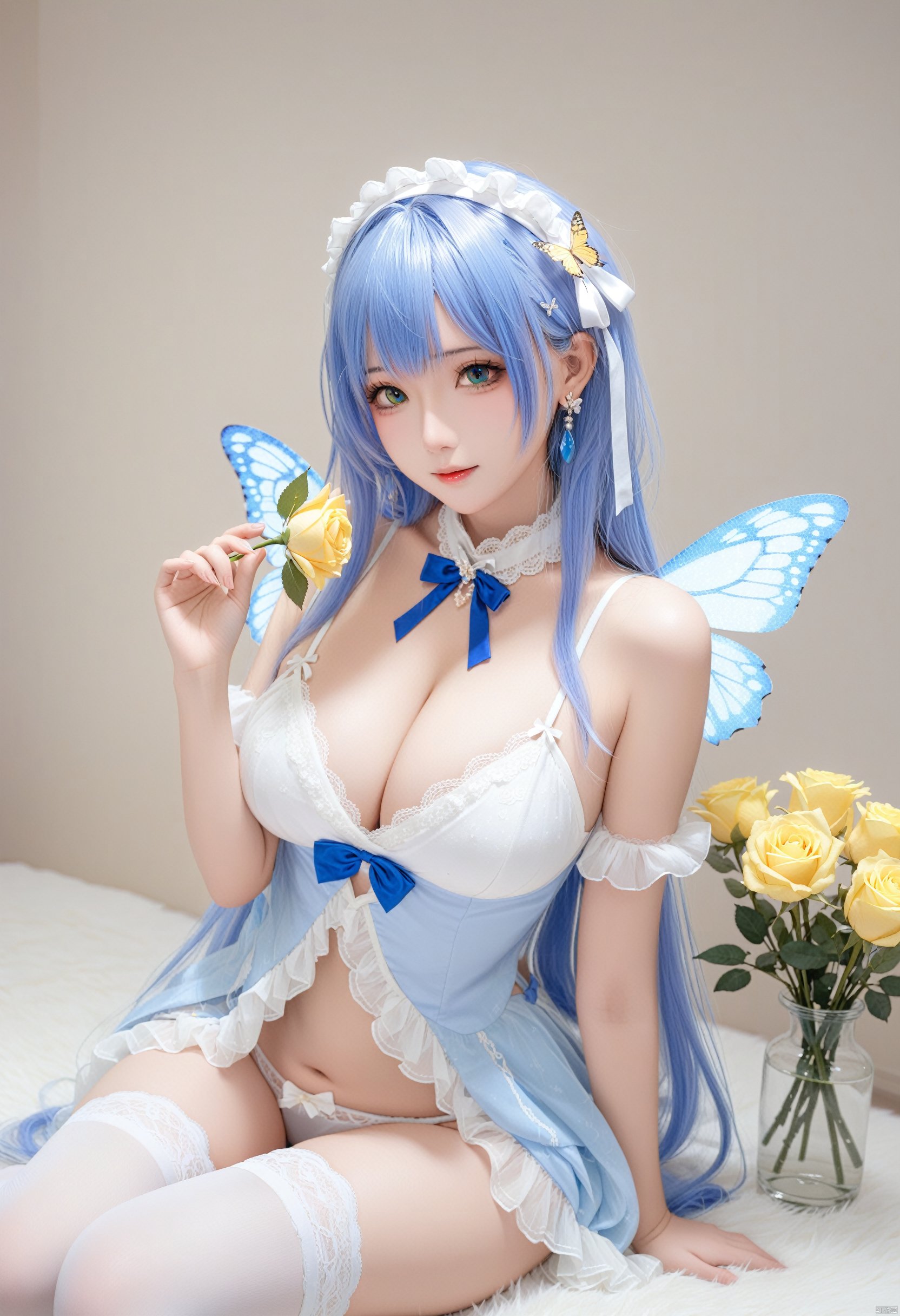 masterpiece,best quality,masterpiece,best quality, 
looking at viewer, 1girl, solo, long hair, looking at viewer, bangs, blue eyes, large breasts, thighhighs, ribbon, navel, holding, cleavage, hair between eyes, bare shoulders, jewelry, sitting, very long hair, underwear, panties, hair ribbon, flower, thighs, hairband, earrings, wings, white panties, white thighhighs, detached collar, rose, lingerie, bug, butterfly, multicolored eyes, yellow flower, holding flower, gradient eyes, yellow rose, 
BREAK fine fabric emphasis,best quality,masterpiece,best quality,amazing quality,very aesthetic,absurdres,best quality,amazing quality,very aesthetic,absurdres,Highly detailed,best quality,masterpiece,Highly detailed, 