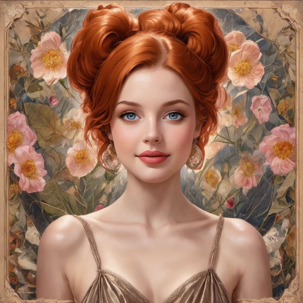 A radiant redhead, adorned with a perfect face and stylish bun hair, smiles graciously in medium shot. Her visage is framed by an intricate pattern of flowers, comprising two distinct colors, against the natural backdrop of earthy tones. Da Vinci-esque in its detail and realism, the image showcases high-quality texture, precision, and color correction. Proper lighting settings enhance her features, while a harmonious composition draws the viewer's gaze. Fashion drawing at its finest, this artwork is reminiscent of Behance's best works.