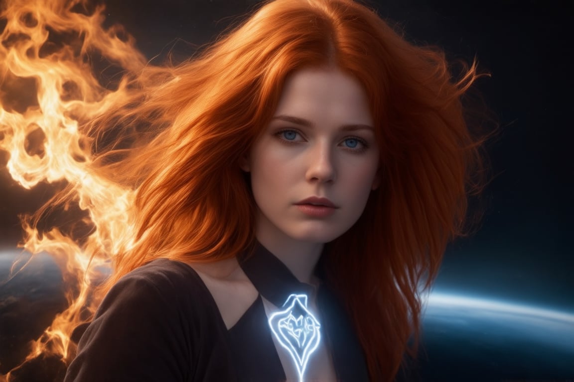 A fiery redhead, her blazing locks streaming behind like a chromatic aurora, commands the cockpit of a luminous lightship, its neon-etched hull ablaze against the velvety blackness of space. The dynamic composition, bathed in soft ambient lighting, radiates heroic energy as the pilot's focused features and the ship's intricate, angular design burst forth in a thrilling tableau.