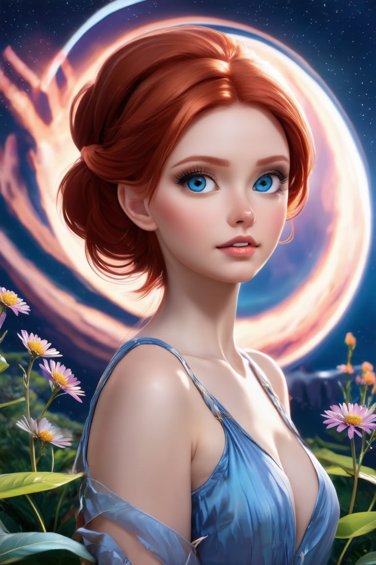 Vibrant redhead with porcelain skin and sleek bun hair stands out against the serene Mars backdrop, where digital visualizations in harmonious colors swirl around her. Soft lighting wraps her features, surrounded by lush flowers. Her subtle facial expressions and gentle pose invite the viewer's eye to wander through this visually striking medium shot.,pixar style