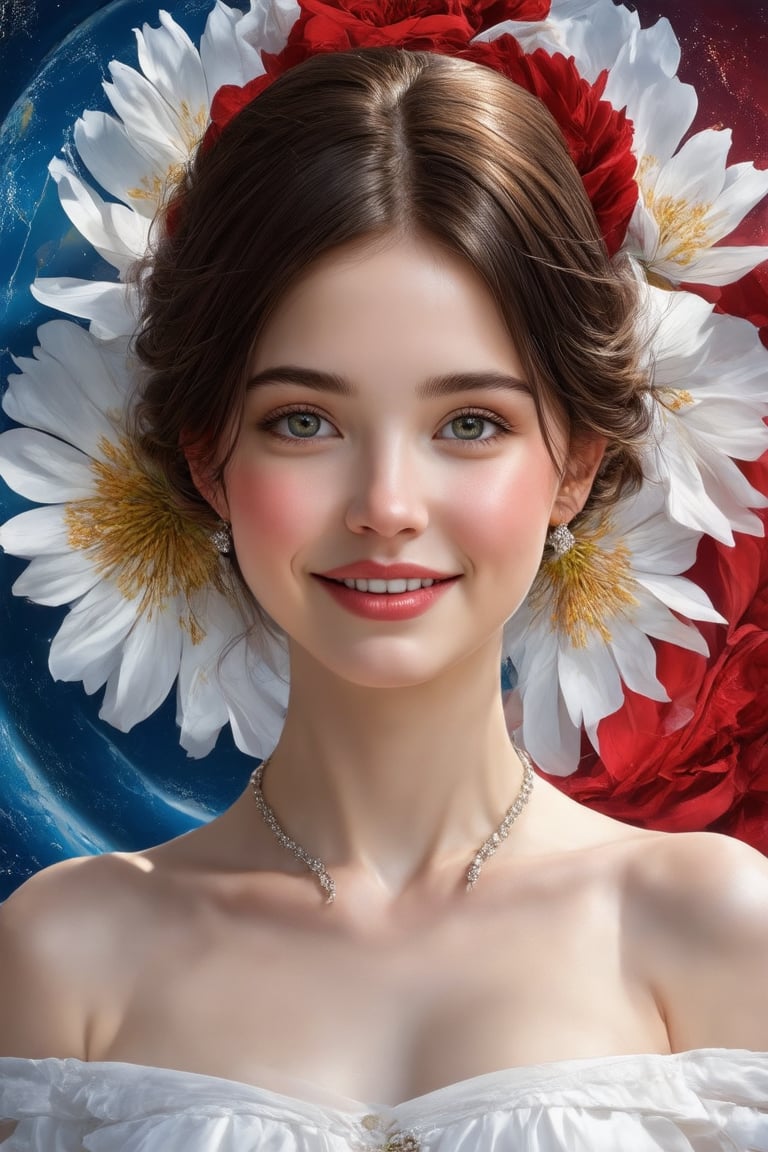 (1girl, French, smile, face focus, bun hair, perfect face, medium shot, gracefully, flowers and her country national flag  form intricate patterns against the backdrop of the Earth, reminiscent of the styles of Da Vinci), Detailed texture, High quality, High resolution, High precision, Realism, Color correction, Proper lighting settings, Harmonious composition, Behance Works,detail-rendering,Realistic Enhance,,Fashion drawing,digital art,pixar style