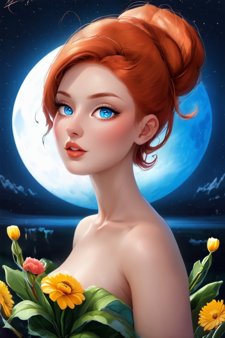 Vibrant redhead with porcelain skin and sleek bun hair radiates warmth in a medium shot, set against a serene moonlit backdrop featuring stunning digital visualizations in two harmonious colors. Soft, flattering lighting highlights her features, surrounded by a lush arrangement of flowers. Her subtle facial expressions and gentle pose invite the viewer's eye to wander through this visually striking composition.